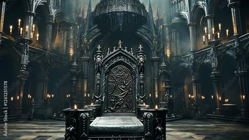 Gothic Throne Room: A majestic throne sits before an imposing, intricately carved gothic door within a dimly lit cathedral-like chamber, creating an atmosphere of mystery and power.  
