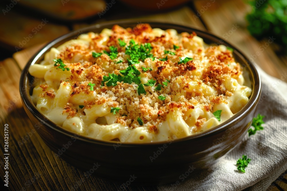 Delicious homemade macaroni and cheese with breadcrumbs and parsley garnish Delicious homemade macaroni and cheese with breadcrumbs and parsley garnish
