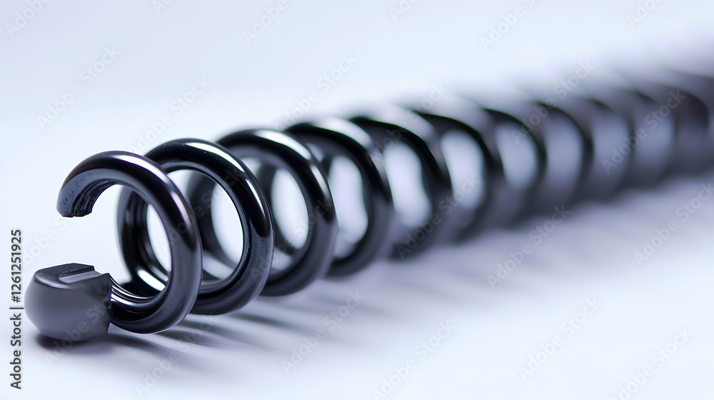 Close-up of a black metal spring coil on a white background; industrial part; potential use in engineering or manufacturing Close-up of a black metal spring coil on a white background; industrial part; potential use in engineering or manufacturing