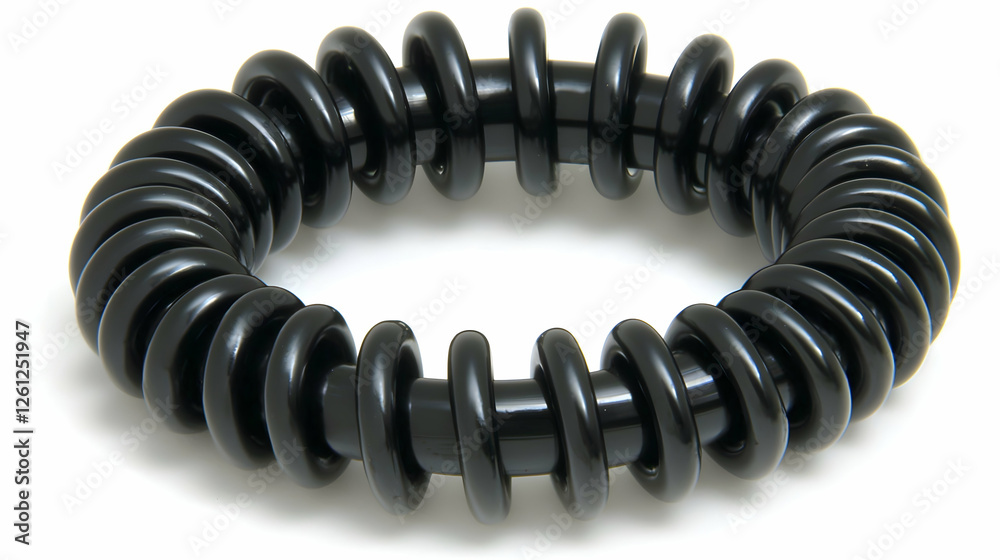 Obraz premium Black coiled hair tie on white background, ideal for e-commerce or beauty websites
