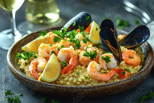 Delicious seafood risotto featuring mussels, shrimps, bright lemon and fresh parsley sprigs. photo