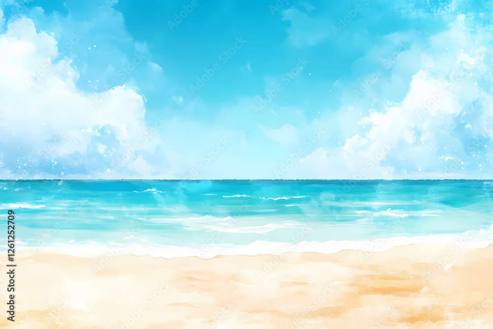 Watercolor beach with blue sky and ocean, light yellow sand in the background, with copy space Watercolor beach with blue sky and ocean, light yellow sand in the background, with copy space