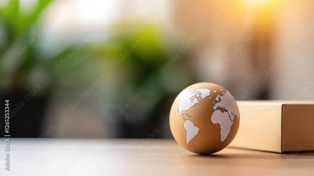 A beautifully designed globe resting on a table near a plant, symbolizing global connection and sustainable practices in a modern work environment with warm lighting. A beautifully designed globe resting on a table near a plant, symbolizing global connection and sustainable practices in a modern work environment with warm lighting.
