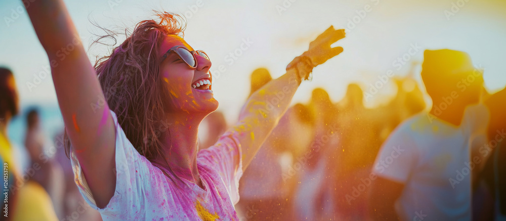 Obraz premium Young woman joyfully celebrating Holi with vibrant colors in the air. A perfect representation of happiness, freedom, and festive spirit, ideal for cultural and lifestyle themes