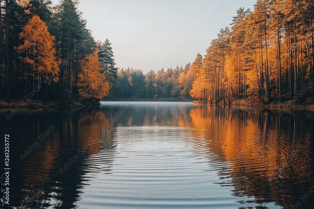 Fototapeta premium Autumn lake reflection, forest tranquil scene, nature wallpaper