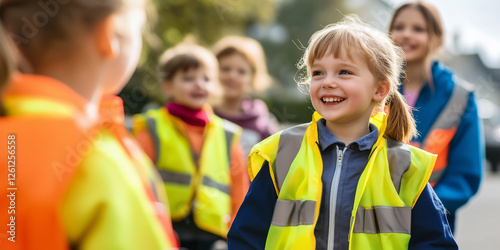 Fototapeta Naklejka Na Ścianę i Meble -  Group of preschoolers wearing yellow reflective vests to improve visibility walking along the city street with a teacher. Kindergarten learning traffic safety rules.
