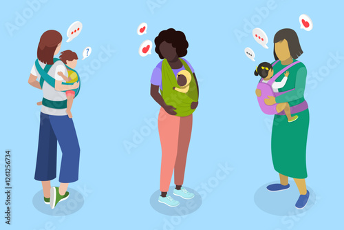 3D Isometric Flat Vector Illustration of Mothers Caring Childs in Baby Sling, Motherhood and Parenting