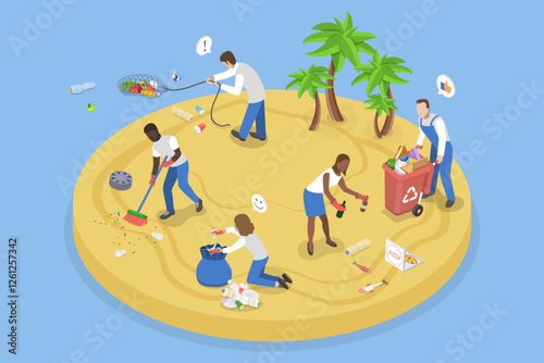 3D Isometric Flat Vector Illustration of Ocean Beach Cleaning, Youth Volunteers Clear Plastic Debris From a Sea Shore