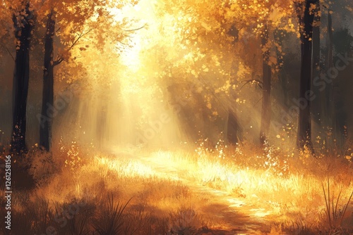 Sunlit autumn forest path, magical mood, nature background, ideal for fantasy art