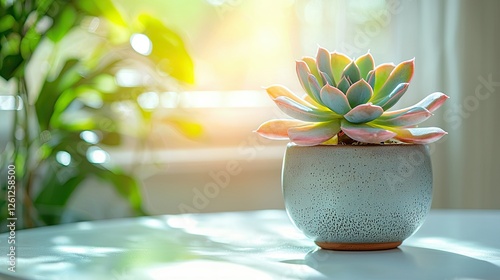 Bright sunlight illuminates a vibrant succulent in a stylish pot on a table