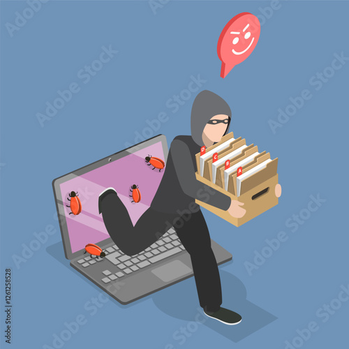 3D Isometric Flat Vector Illustration of Online Spyware Attack, Cyber Security