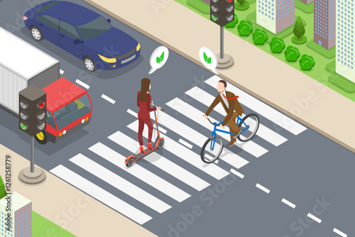 3D Isometric Flat Vector Illustration of Crosswalk With Zebra, Business People On Electric Scooter or Bicycle On Their Way To Work