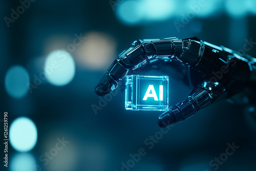 Futuristische Robotermatte hält leuchtenden AI-Würfel

