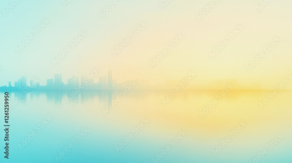 Naklejka premium Calm urban skyline at sunrise with pastel blue and yellow hues creating a serene atmosphere