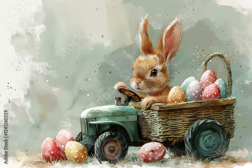 Easter bunny driving a miniature tractor with colorful eggs in a rustic basket