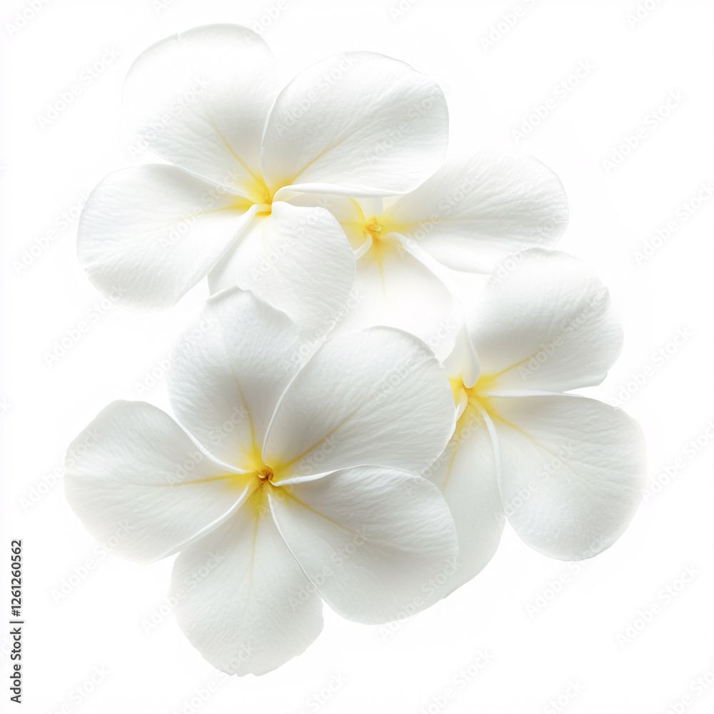 Fototapeta premium Four pristine white blossoms with delicate yellow centers, softly lit against a bright white backdrop.