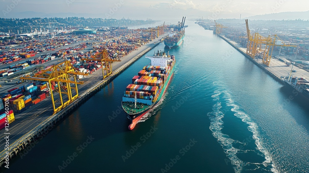 Naklejka premium Aerial view of a port with cargo ships and cranes, highlighting international trade