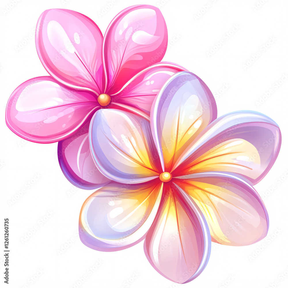 Obraz premium Two stylized tropical frangipani blossoms, one pink and one with lavender and yellow accents, are illustrated against a white background.