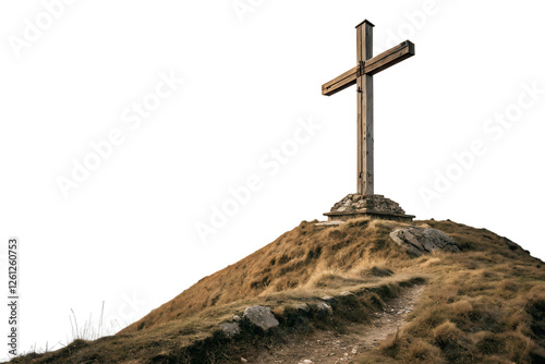 Wooden cross on a hilltop in a serene landscape