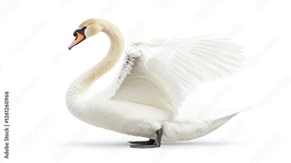 Fototapeta premium Elegant swan with wings slightly spread isolated on white background.