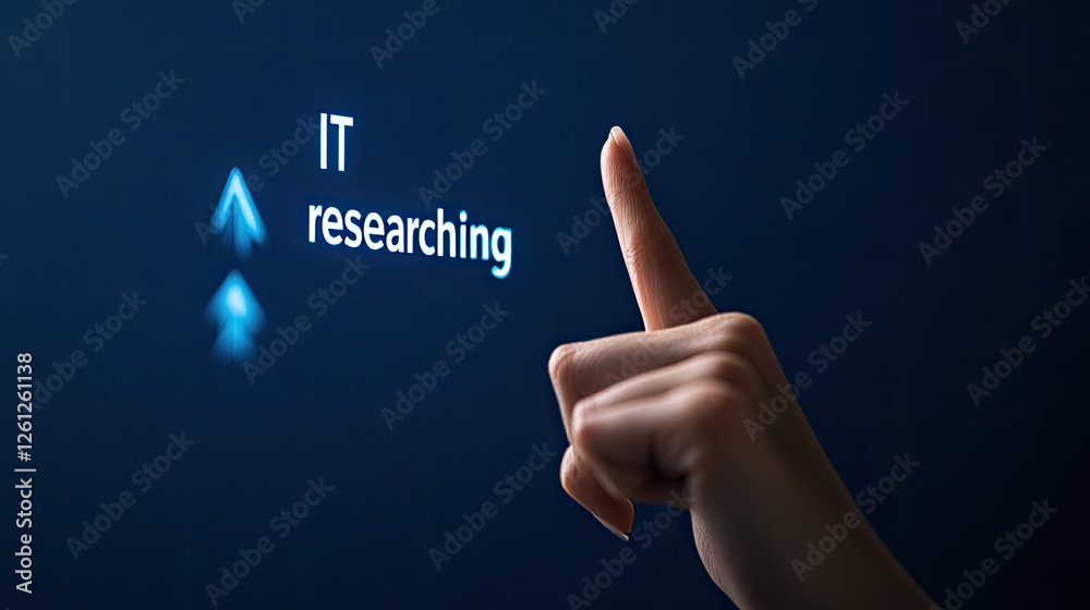 Hand points to IT research; upward arrows; dark background; website design Hand points to IT research; upward arrows; dark background; website design