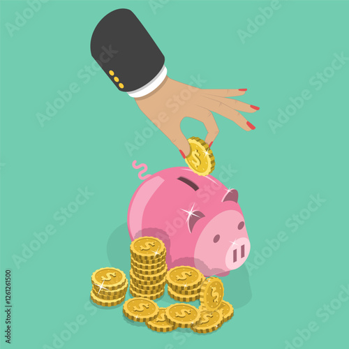 3D Isometric Flat Vector Illustration of Money Savings, Person Depositing A Coin Into A Piggy Bank
