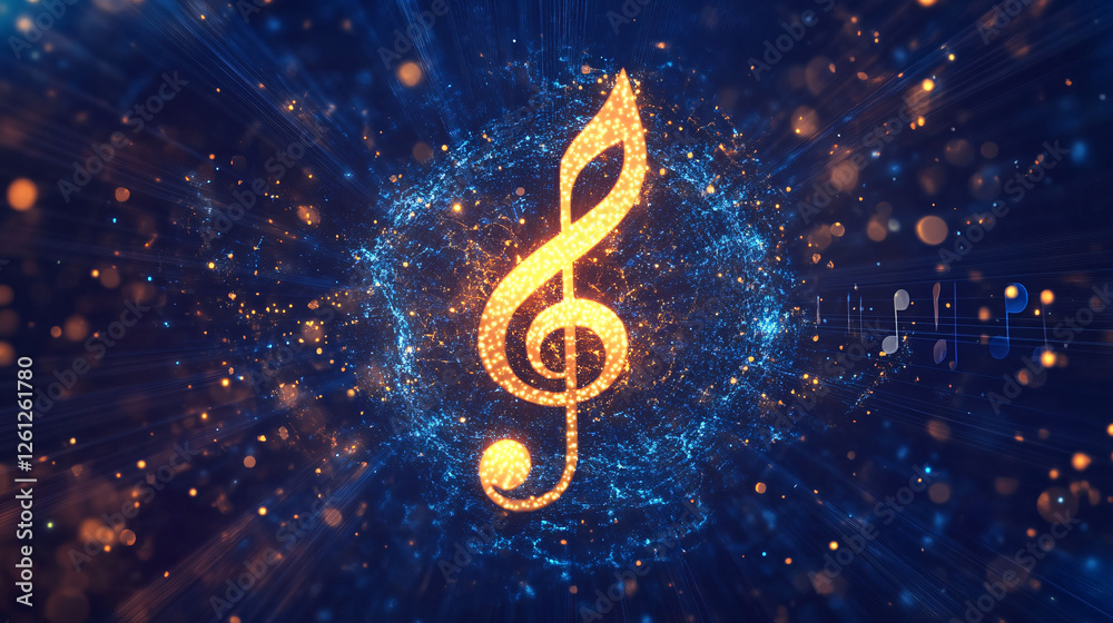 A glowing golden treble clef symbol surrounded by swirling blue magical energy in a fantasy-inspired digital art composition
A glowing golden treble clef symbol surrounded by swirling blue magical energy in a fantasy-inspired digital art composition