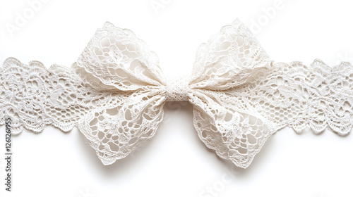 White lace ribbon with intricate floral design tied into delicate bow isolated on white background. photo