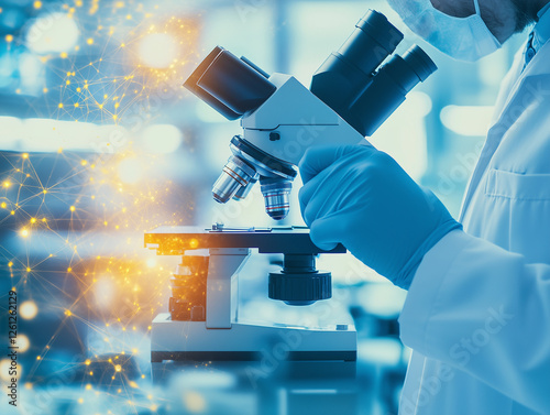 Biologist conducting research with a microscope in a laboratory during daytime