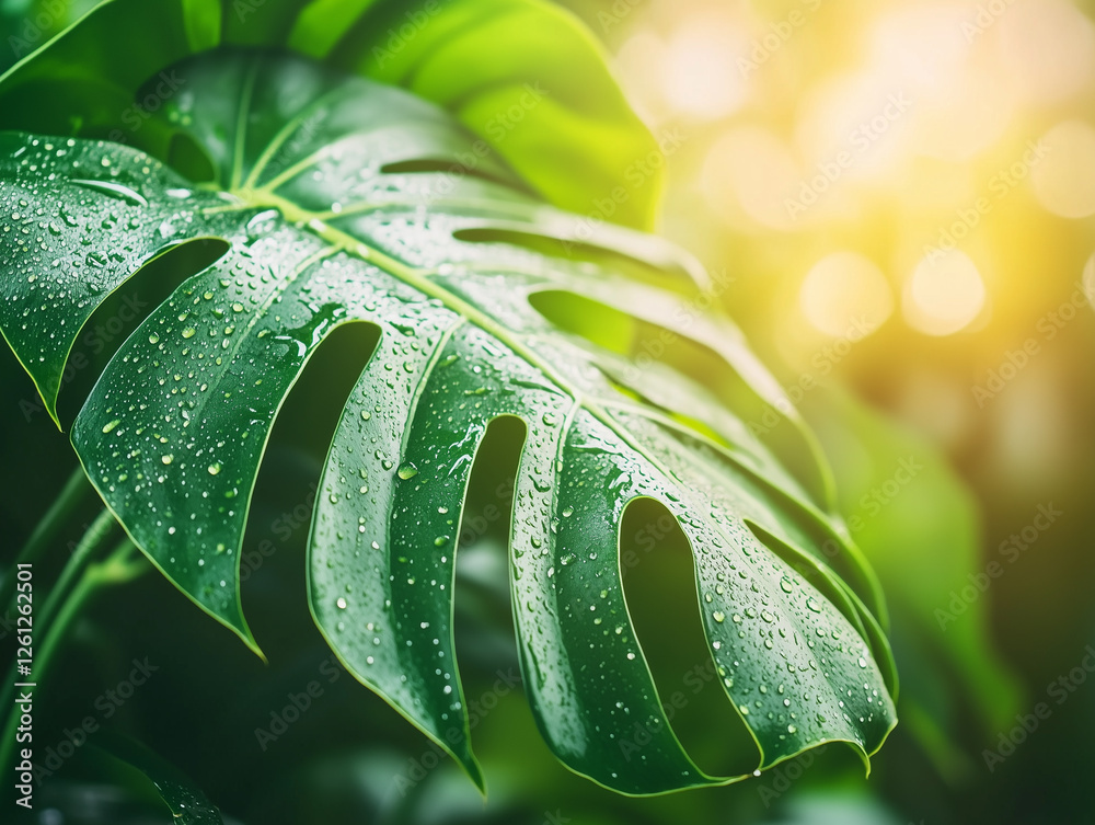 Fototapeta premium Lush green monstera leaf glistening with rain droplets under soft sunlight in a serene tropical environment