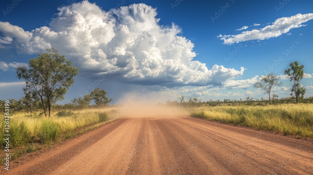 Dusty Outback Road with Dramatic Clouds and Greenery in Australia Dusty Outback Road with Dramatic Clouds and Greenery in Australia