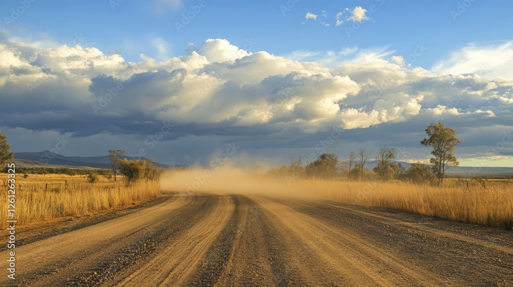 Fototapeta premium Dusty Country Road Under Blue Sky and Dramatic Cloud Formation