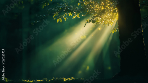Erleuchtet von Sonnenstrahlen: Majestätischer Baum im tiefen Wald

 photo