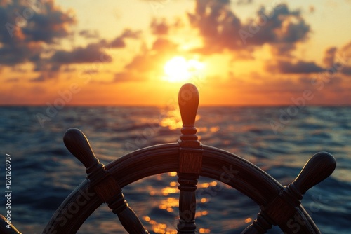 Sunset Voyage: A Ship's Wheel at Golden Hour