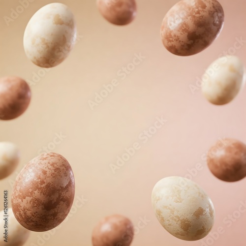 A photorealistic scene of floating matte Easter eggs with soft highlights on a warm gradient background. Center space is free for text—perfect for banners, UI, and social media covers. photo