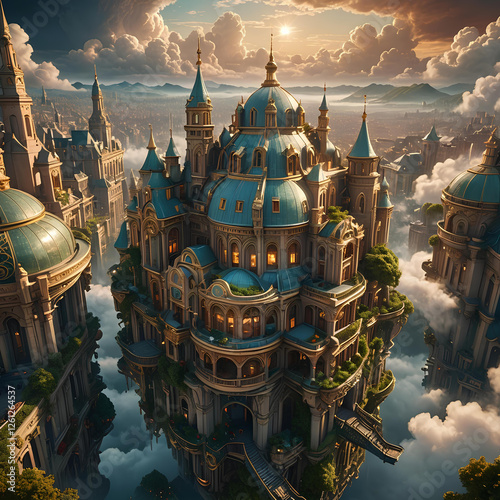 A dreamlike floating city in the clouds with Art Nouveau architecture and natural elements that blend with the structure