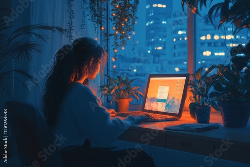 Girl works on laptop at night, city view