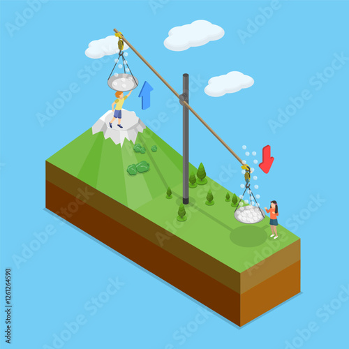 3D Isometric Flat Vector Illustration of Atmospheric Pressure, Different Altitudes, Comparing Lower And Higher Levels