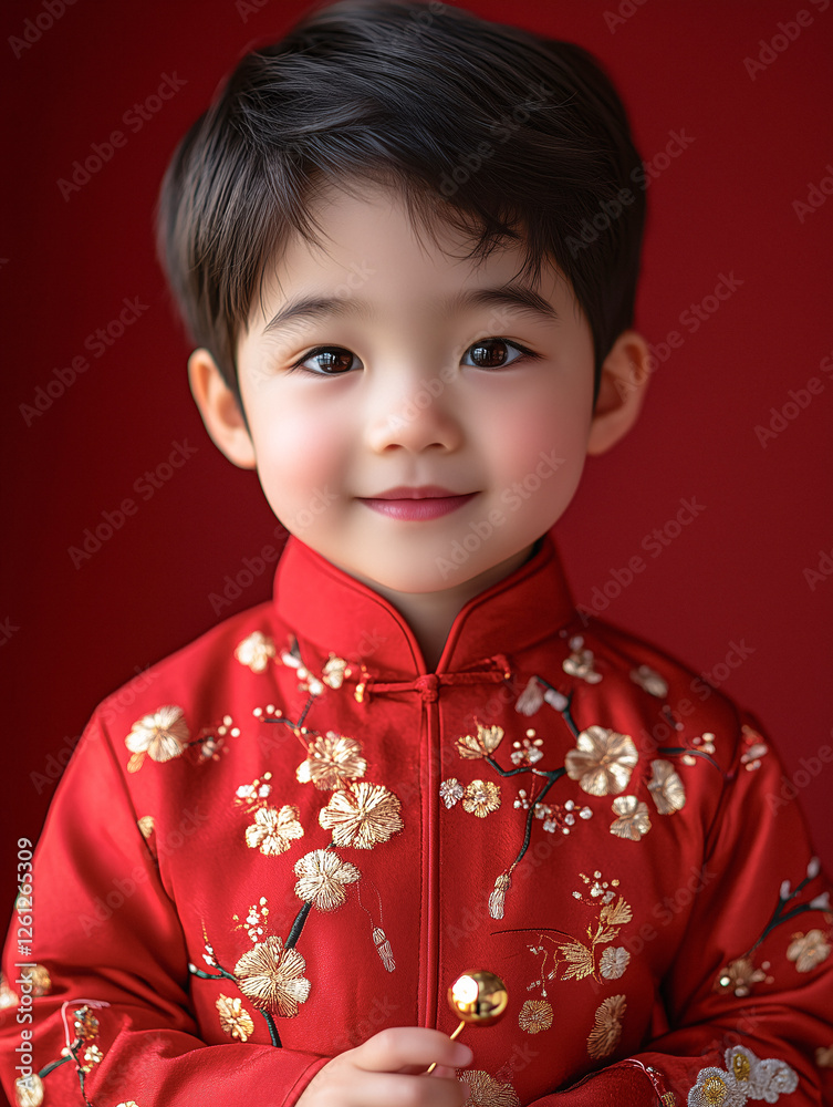 A young child in a red traditional outfit smiles warmly against a rich red background, showcasing intricate floral designs. A young child in a red traditional outfit smiles warmly against a rich red background, showcasing intricate floral designs.