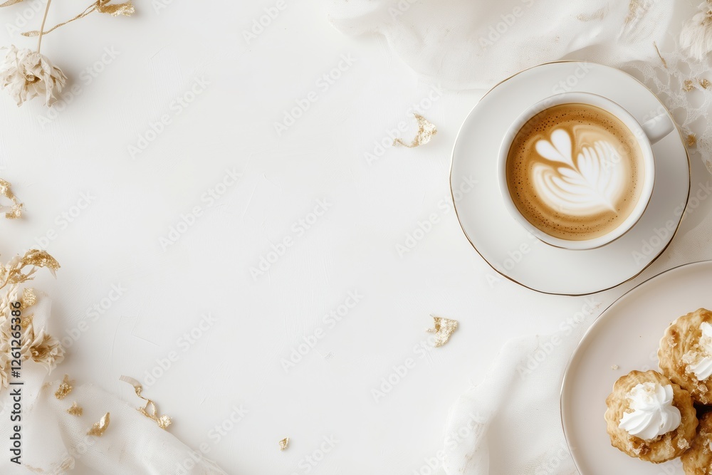 © Odrua Design - Xícara de café elegante com detalhes dourados, acompanhada de doces e decorações festivas em fundo branco, criada com IA generativa para um visual sofisticado e convidativo