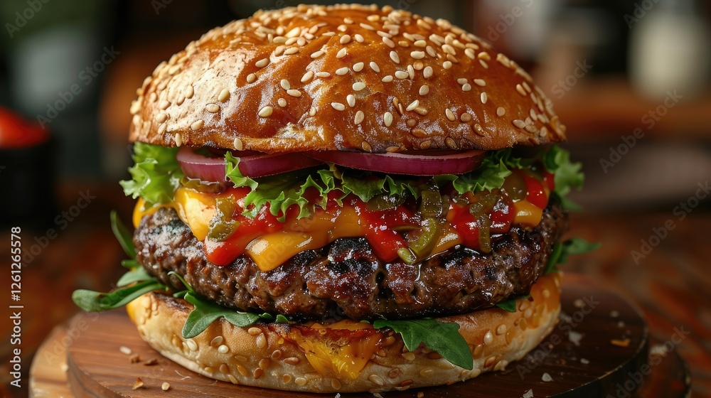 Juicy beef burger with cheese, lettuce, onion, and jalape?os on a sesame seed bun. Juicy beef burger with cheese, lettuce, onion, and jalape?os on a sesame seed bun.