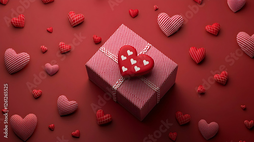 Gift box with hearts, Valentine's Day, romantic present, red background, digital art, 3d photo