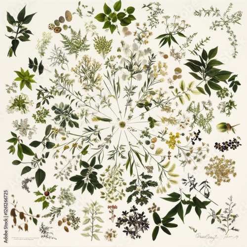 Botanical Arrangement Pressed Flowers and Leaves in Radial Design