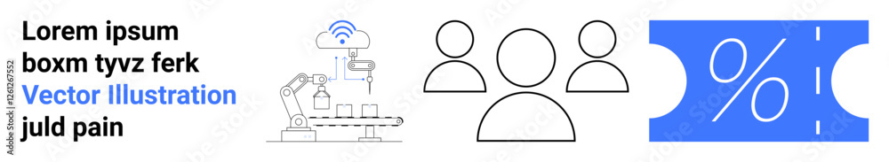 Robotic arm with wireless connection, three user icons signifying teamwork, and blue ticket with percentage discount. Ideal for tech, collaboration, discounts, marketing, AI, innovation Robotic arm with wireless connection, three user icons signifying teamwork, and blue ticket with percentage discount. Ideal for tech, collaboration, discounts, marketing, AI, innovation