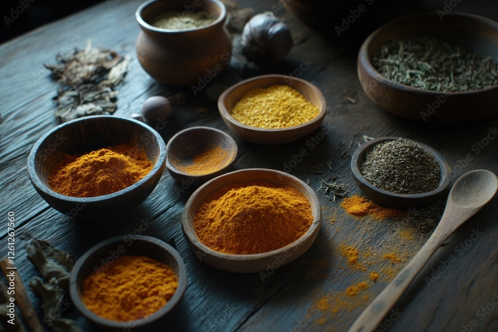 Aromatic Spices Collection: Turmeric, Cumin, and Rosemary in Rustic Bowls Aromatic Spices Collection: Turmeric, Cumin, and Rosemary in Rustic Bowls