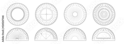 Protractor ruler set with 180 and 360-degree circular scales for precise angle measurement. protractor with ruler markings and degree coordinates, ideal for geometry and drafting