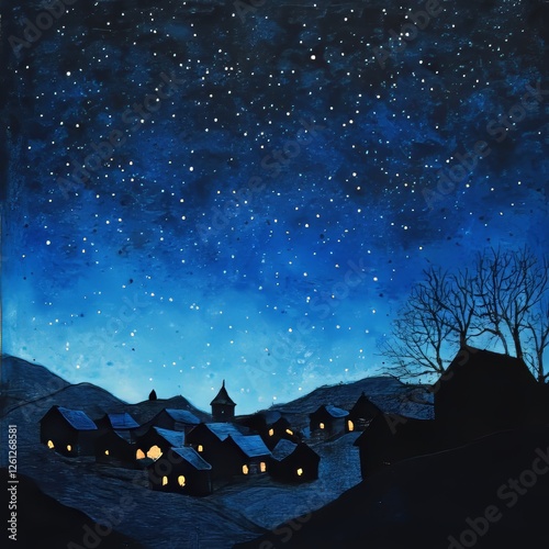 Night sky with stars over the village. Illustration for your design