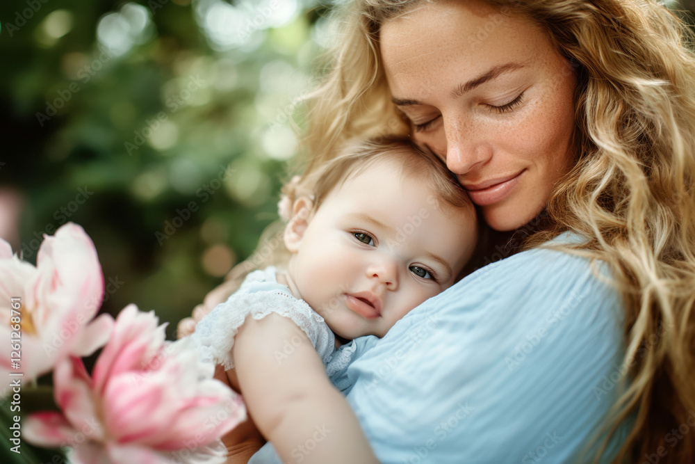 Young beautiful mother hugs her little baby outdoors in nature, enjoying motherhood with her eyes closed in a moment of peaceful contentment Young beautiful mother hugs her little baby outdoors in nature, enjoying motherhood with her eyes closed in a moment of peaceful contentment
