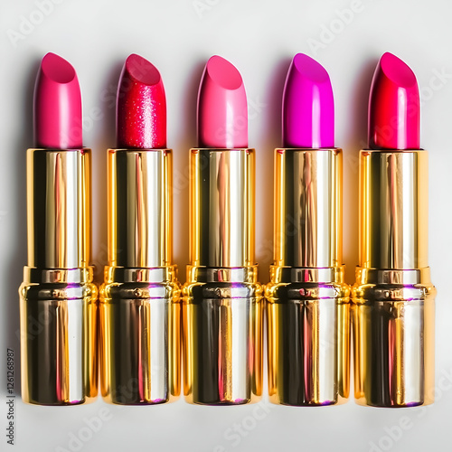 Five vibrant lipsticks in gold cases arranged on a white background; ideal for beauty, fashion, or makeup product advertising photo