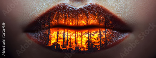 A close-up of lips with a forest fire painted on them, and the flames glow in dark tones
